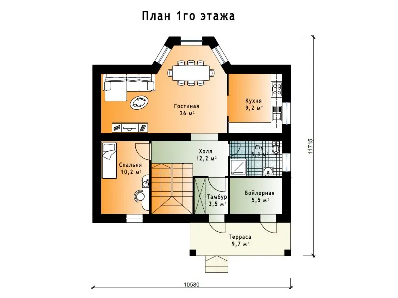 Планировка 1 этажа с кухней гостиной