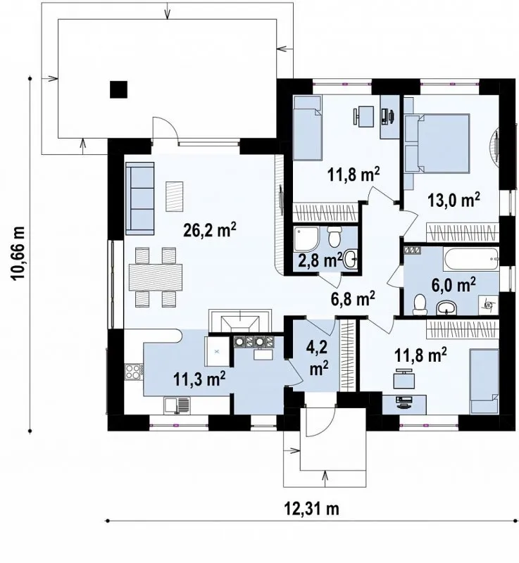 Одноэтажный дом планировка пять комнат