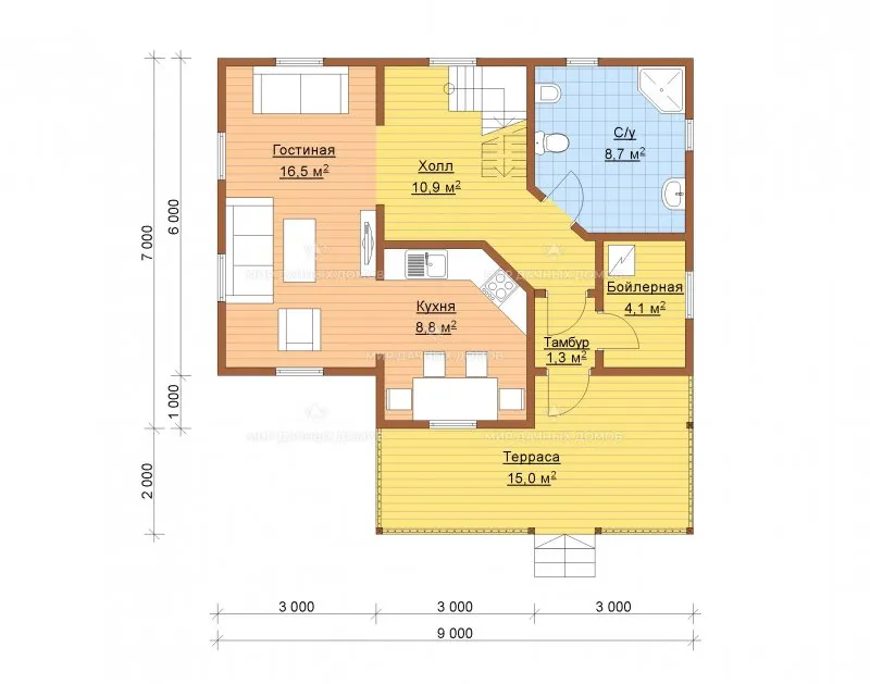 План первого этажа двухэтажного дома с размерами
