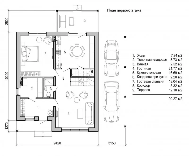 Планировка одноэтажных домов 11 на 11 с тремя спальнями