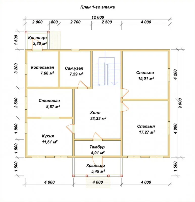 План двухэтажного дома с большой кухней гостиной