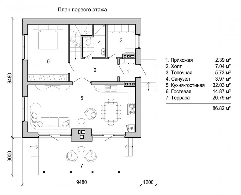 Планировка одноэтажного дом с сауной 150 м2 из бруса