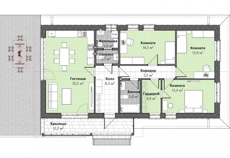 Планировка одноэтажного дома до 100 кв.м с 2 спальнями и котельной