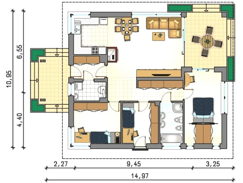 Проект 2. Планировка дома с 3 спальнями и террасой