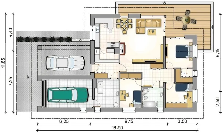 Проект 3. Планировка дома с тремя спальными комнатами
