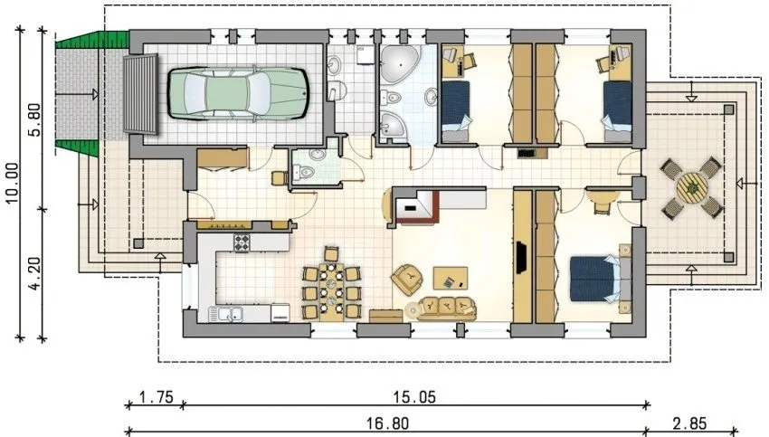 Проект 1. Планировка дома с гаражом и тремя спальнями