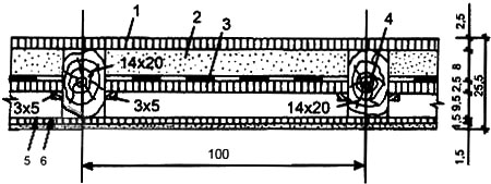Рис. 1а. Деревянное балочное перекрытие с верхним накатом 1. дощатый пол; 2. шлаковая насыпка; 3. накат из досок; 4. лага; 5. подшивка; 6. штукатурка по обрешетке