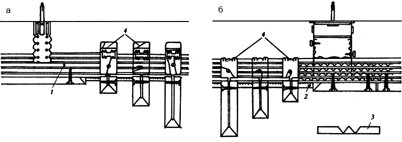 Рис. 3. Ступенчатый потолок из ламелей а. вращающийся анкерный угол прикручен на СД-профиле шурупами LN 3,5х9 мм; б. вращающийся анкерный угол загибается на СД-профиле; 1. СД 60х70 – несущий профиль; 2. акустический профиль перфорированной стали; 3. развертка с вертикаль-ламелью; 4. крепление