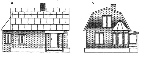 Рис. 8а. Мансардный садовый дом: а. вид сбоку, б. фасад